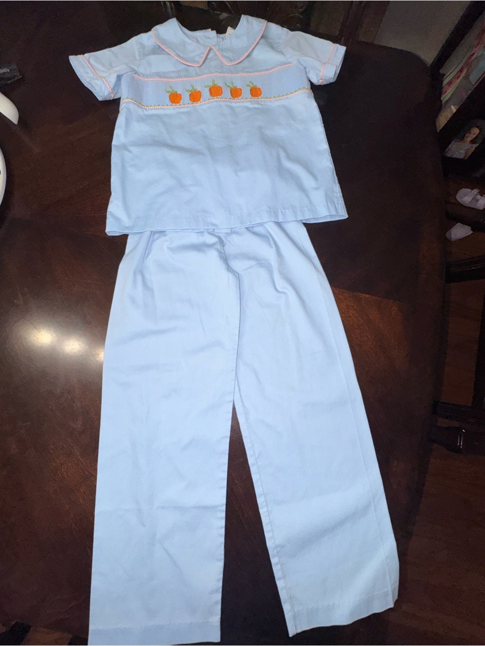 Children's Light Blue Pumpkin-Embroidered Pajama Set